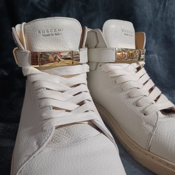 Authentic Men's Buscemi Hi-Top Sneakers Leather Gold Lock White 46 (12-13) - Picture 14 of 16